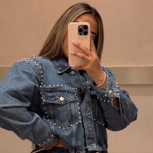 Pilcro Embellished Denim Cropped Trucker Jacket Faux Pearls Size Large Blue